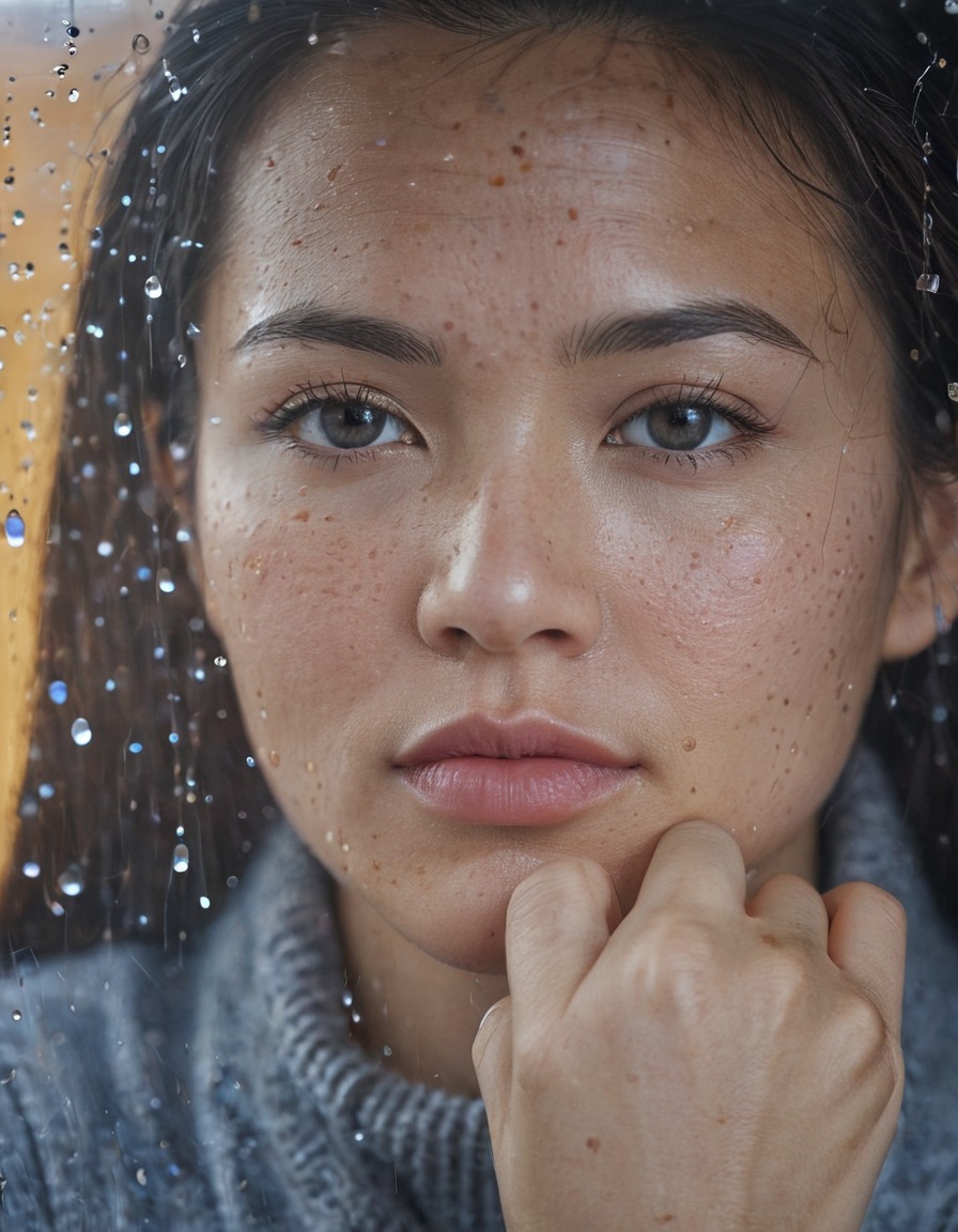 Medium shot through a rain-covered window