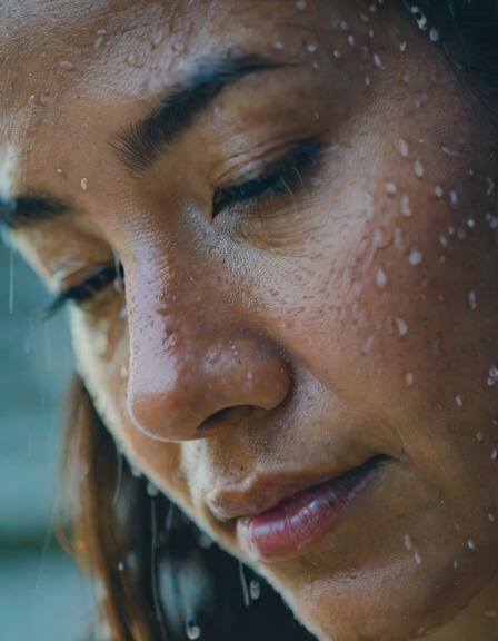 Medium shot through a rain-covered window