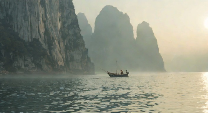 Wide shot at water level